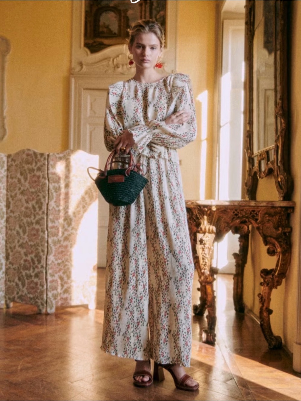 Sézane Tasha blouse with matching Syra trousers set Lota print M-L